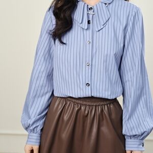 Blue Striped Blouse with Bow Collar